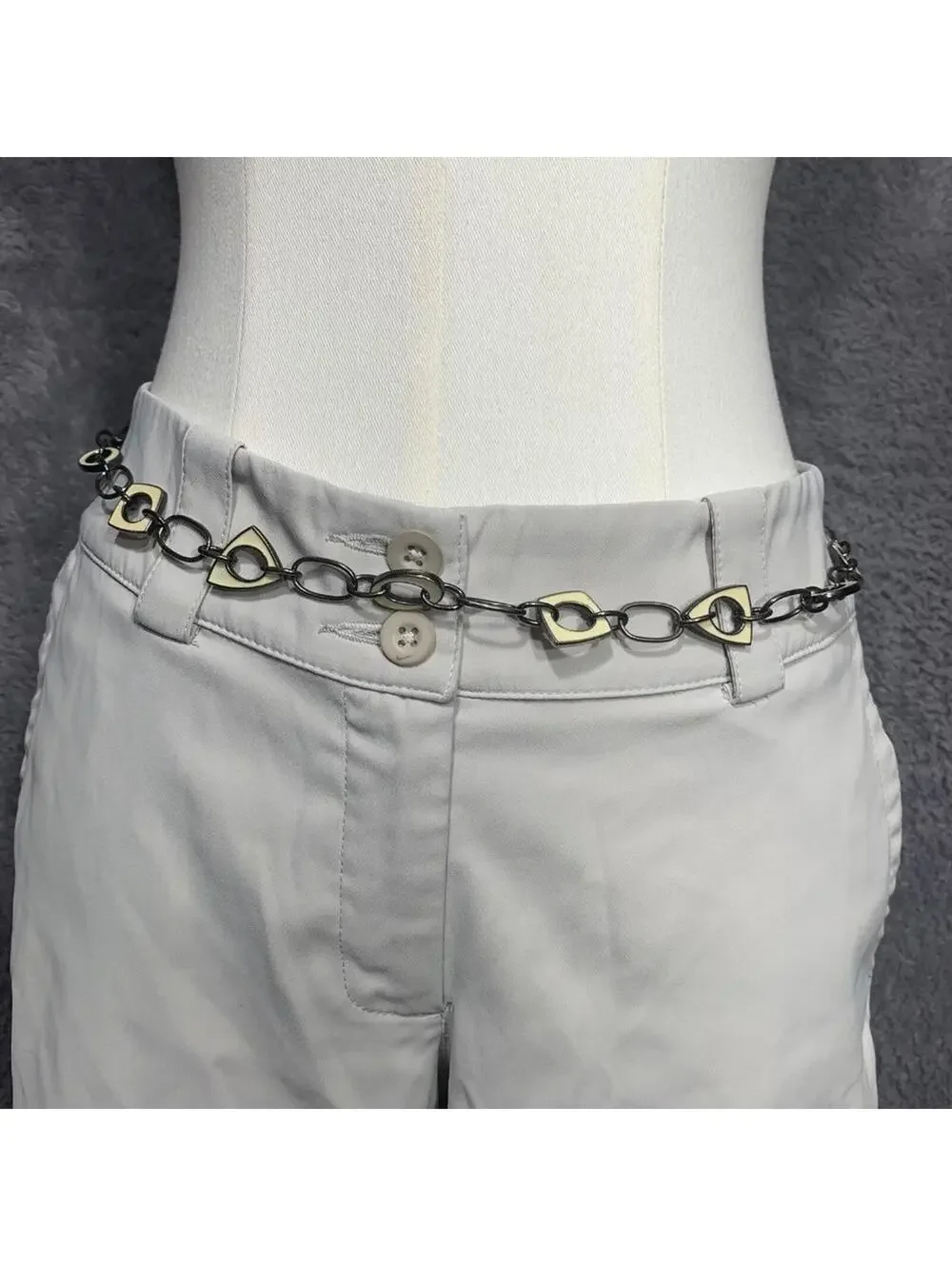 Vintage Silver Tone Chain Belt with Cream Enamel Accents, Adjustable Link Chain
